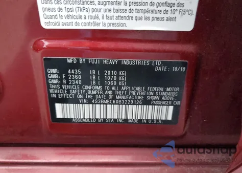 2011 Subaru Legacy 2.5I Premium из США, поврежденный, VIN 4S3BMBC60B3229126